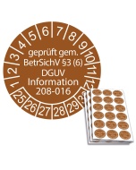 Prüfplakette geprüft gem. BetrSichV §3 (6) DGUV Information 208-016 - 2025, Ø 20mm, 18/Bogen, in Jahresfarbe