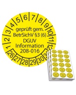 Prüfplakette geprüft gem. BetrSichV §3 (6) DGUV Information 208-016 - 2026, Ø 20mm, 18/Bogen, in Jahresfarbe