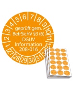 Prüfplakette geprüft gem. BetrSichV §3 (6) DGUV Information 208-016 - 2027, Ø 20mm, 18/Bogen, in Jahresfarbe