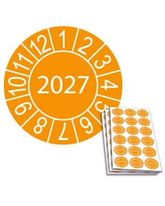 Jahresprüfplakette 2027, 20mm, Einzelansicht und 18-er Bogen