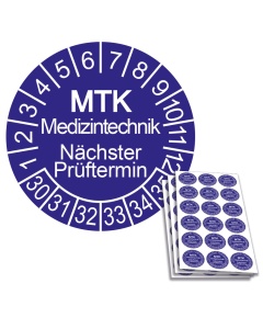 Prüfplakette MTK Medizintechnik - Nächster Prüftermin 2030, Ø 20mm, 18/Bogen, in Jahresfarbe