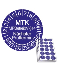 Prüfplakette MTK MPBetreibV §14 - Nächster Prüftermin 2030, Ø 20mm, 18/Bogen, in Jahresfarbe