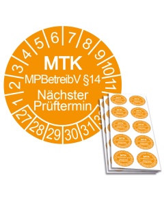 Prüfplakette MTK MPBetreibV §14 - Nächster Prüftermin 2027, Ø 30mm, 10/Bogen, in Jahresfarbe