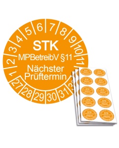 Prüfplakette STK MPBetreibV §11 - Nächster Prüftermin 2027, Ø 30mm, 10/Bogen, in Jahresfarbe