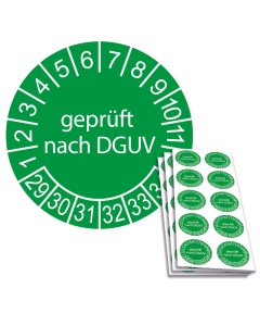 Prüfplakette geprüft nach DGUV 2029, Ø 30mm, 10/Bogen, in Jahresfarbe