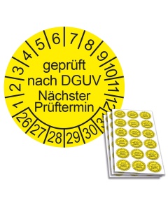 Prüfplakette geprüft nach DGUV - Nächster Prüftermin 2026, Ø 20mm, 18/Bogen, in Jahresfarbe