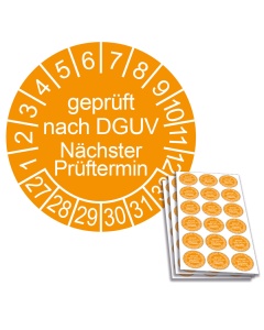 Prüfplakette geprüft nach DGUV - Nächster Prüftermin 2027, Ø 20mm, 18/Bogen, in Jahresfarbe