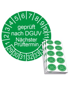 Prüfplakette geprüft nach DGUV - Nächster Prüftermin 2029, Ø 30mm, 10/Bogen, in Jahresfarbe