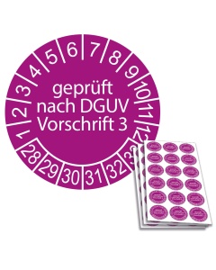 Prüfplakette geprüft nach DGUV Vorschrift 3 - 2028, Ø 20mm, 18/Bogen, in Jahresfarbe