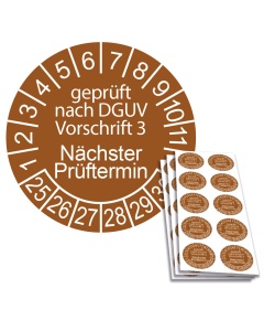 Prüfplakette geprüft nach DGUV Vorschrift 3 - Nächster Prüftermin 2025, Ø 30mm, 10/Bogen, in Jahresfarbe