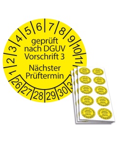 Prüfplakette geprüft nach DGUV Vorschrift 3 - Nächster Prüftermin 2026, Ø 30mm, 10/Bogen, in Jahresfarbe