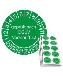 Prüfplakette geprüft nach DGUV Vorschrift 52 - 2029, Ø 30mm, 10/Bogen, in Jahresfarbe