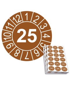 Jahresprüfplakette 2025, 20mm, Einzelansicht und 18-er Bogen