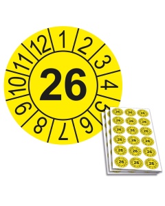 Jahresprüfplakette 2026, 20mm, Einzelansicht und 18-er Bogen