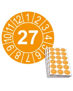 Jahresprüfplakette 2027, 20mm, Einzelansicht und 18-er Bogen