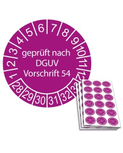 Prüfplakette geprüft nach DGUV Vorschrift 54 - 2028, Ø 20mm, 18/Bogen, in Jahresfarbe