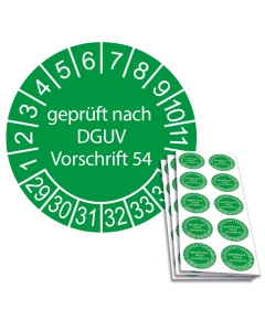 Prüfplakette geprüft nach DGUV Vorschrift 54 - 2029, Ø 30mm, 10/Bogen, in Jahresfarbe