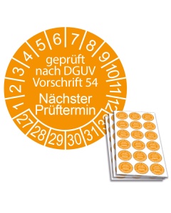 Prüfplakette geprüft nach DGUV Vorschrift 54 - Nächster Prüftermin - 2027, Ø 20mm, 18/Bogen, in Jahresfarbe
