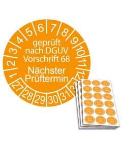Prüfplakette geprüft nach DGUV Vorschrift 68 - Nächster Prüftermin 2027, Ø 20mm, 18/Bogen, in Jahresfarbe