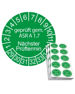 Prüfplakette geprüft gem. ASR A 1.7 - Nächster Prüftermin - 2029, Ø 30mm, 10/Bogen, in Jahresfarbe