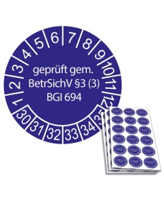 Prüfplakette geprüft gem. BetrSichV §3 (3) BGI 694 - 2030, Ø 20mm, 18/Bogen, in Jahresfarbe