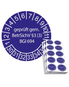 Prüfplakette geprüft gem. BetrSichV §3 (3) BGI 694 - 2030, Ø 30mm, 10/Bogen, in Jahresfarbe