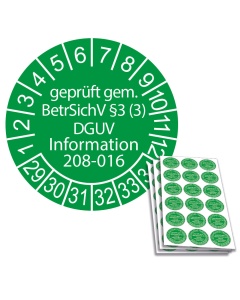 Prüfplakette geprüft gem. BetrSichV §3 (3) DGUV Information 208-016 - 2029, Ø 20mm, 18/Bogen, in Jahresfarbe