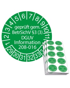 Prüfplakette geprüft gem. BetrSichV §3 (3) DGUV Information 208-016 - 2029, Ø 30mm, 10/Bogen, in Jahresfarbe