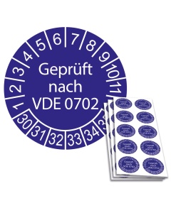 Prüfplakette "Geprüft nach VDE 0702", Einzelabbildung und Abbildung auf 10er Bogen