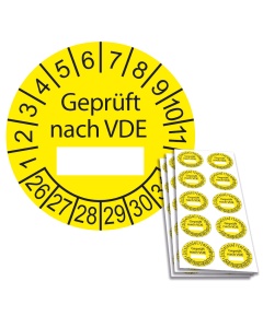 Prüfplakette "Geprüft nach VDE " mit Beschriftungsfeld, Einzelabbildung und Abbildung auf 10er Bogen
