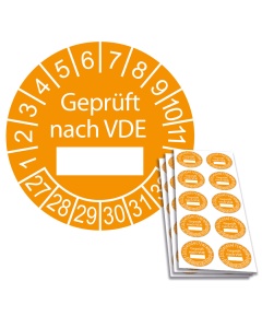 Prüfplakette "Geprüft nach VDE " mit Beschriftungsfeld, Einzelabbildung und Abbildung auf 10er Bogen