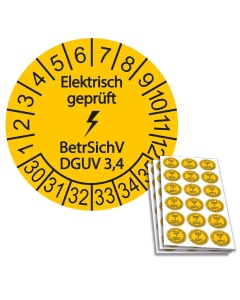 Prüfplakette Elektrisch geprüft - BetrSichV DGUV 3,4 - 2030, Ø 20mm, 18/Bogen