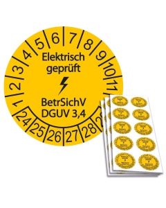 Prüfplakette "Elektrisch geprüft BetrSichV DGUV 3, 4" - Einzelabbildung und Abbildung auf 10er Bogen