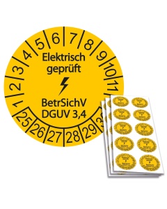 Prüfplakette "Elektrisch geprüft BetrSichV DGUV 3, 4" - Einzelabbildung und Abbildung auf 10er Bogen