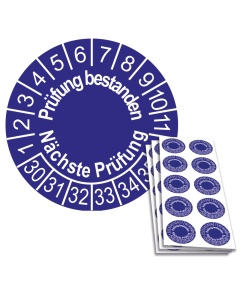 Prüfplakette Prüfung bestanden - Nächste Prüfung 2030, Ø 30mm, 10/Bogen, in Jahresfarbe