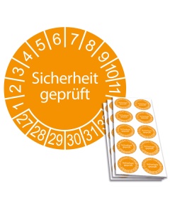 Prüfplakette Sicherheit geprüft 2027, Ø 30mm, 10/Bogen, in Jahresfarbe