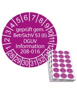 Prüfplakette geprüft gem. BetrSichV §3 (6) DGUV Information 208-016 - 2028, Ø 20mm, 18/Bogen, in Jahresfarbe