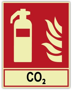 Brandschutzzeichen Feuerlöscher CO2 langnachleuchtend – ISO 7010 F001, 200 × 260 mm, Klasse C