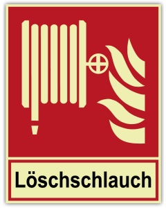 Brandschutzzeichen Löschschlauch langnachleuchtend – ISO 7010 F002, 200 × 260 mm, Klasse C