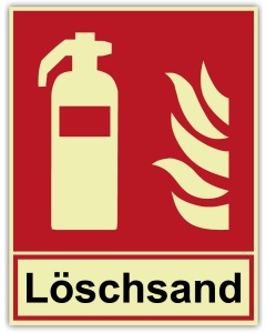 Brandschutzzeichen Feuerlöscher Löschsand langnachleuchtend – ISO 7010 F001, 200 × 260 mm, Klasse C