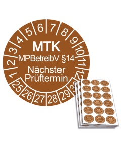 Prüfplakette MTK MPBetreibV §14 - Nächster Prüftermin 2025, Ø 20mm, 18/Bogen, in Jahresfarbe