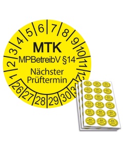 Prüfplakette MTK MPBetreibV §14 - Nächster Prüftermin 2026, Ø 20mm, 18/Bogen, in Jahresfarbe
