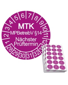 Prüfplakette MTK MPBetreibV §14 - Nächster Prüftermin 2028, Ø 20mm, 18/Bogen, in Jahresfarbe