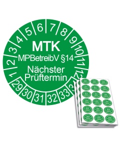 Prüfplakette MTK MPBetreibV §14 - Nächster Prüftermin 2029, Ø 20mm, 18/Bogen, in Jahresfarbe