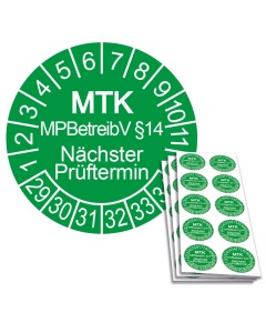 Prüfplakette MTK MPBetreibV §14 - Nächster Prüftermin 2029, Ø 30mm, 10/Bogen, in Jahresfarbe