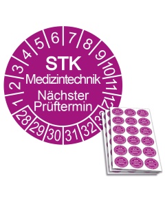 Prüfplakette STK Medizintechnik - Nächster Prüftermin 2028, Ø 20mm, 18/Bogen, in Jahresfarbe