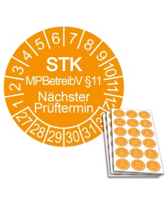 Prüfplakette STK MPBetreibV §11 - Nächster Prüftermin 2027, Ø 20mm, 18/Bogen, in Jahresfarbe