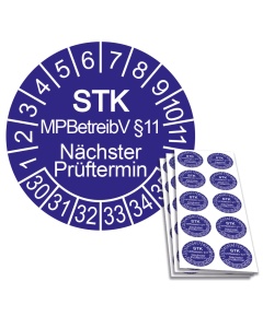 Prüfplakette STK MPBetreibV §11 - Nächster Prüftermin 2030, Ø 30mm, 10/Bogen, in Jahresfarbe
