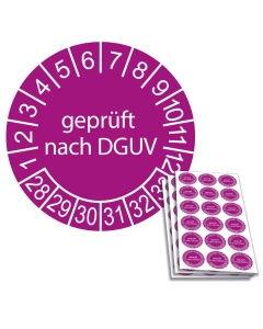 Prüfplakette geprüft nach DGUV 2028, Ø 20mm, 18/Bogen, in Jahresfarbe