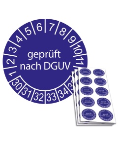 Prüfplakette geprüft nach DGUV 2030, Ø 30mm, 10/Bogen, in Jahresfarbe